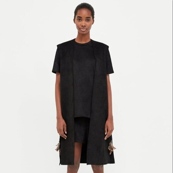 Zara Faux Suede Waist Coat with lace up strings with feathers - Picture 2 of 10